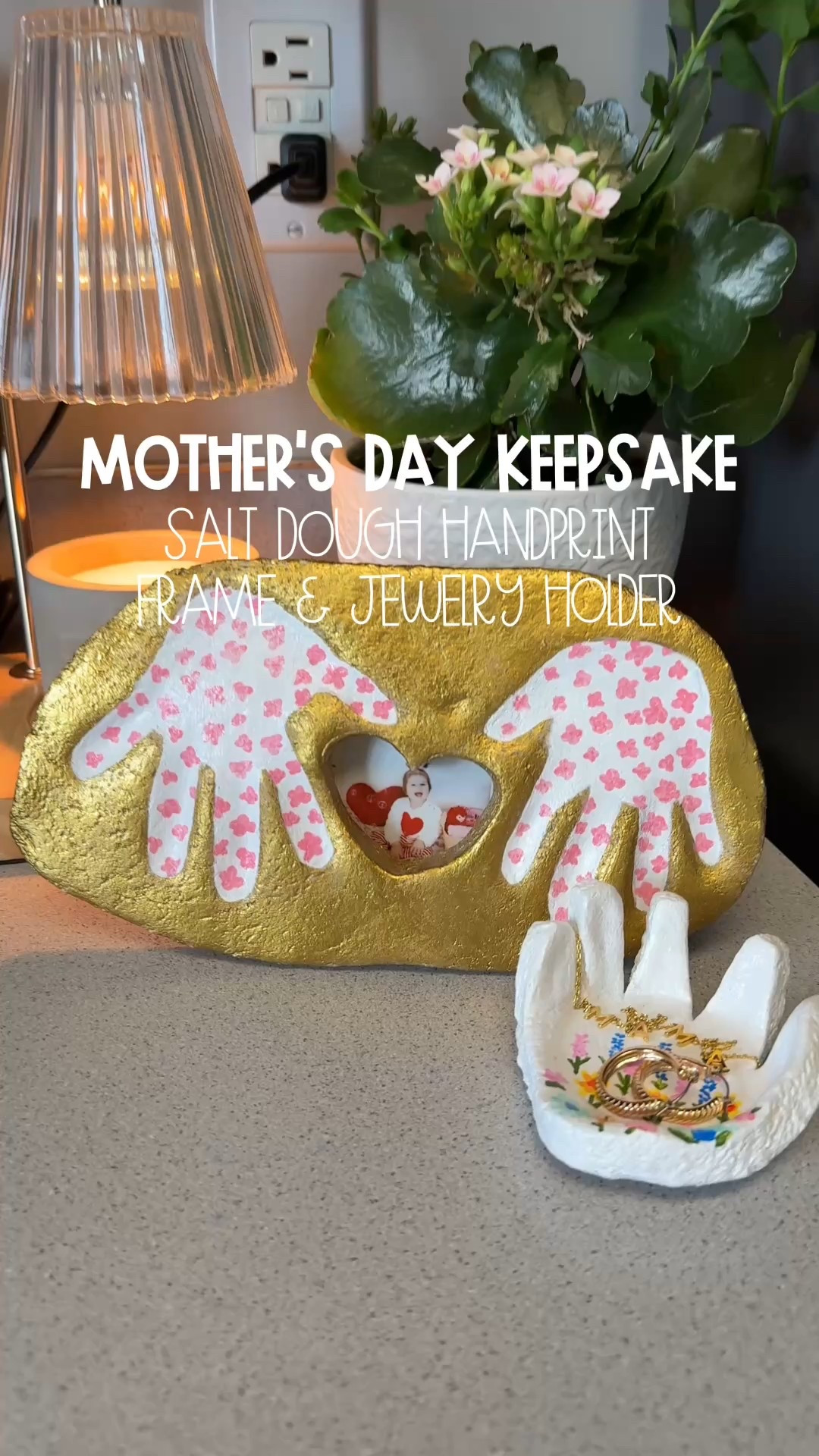 Mother’s Day Keepsake: Salt Dough Handprint Frame & Jewerly Holder 🖼️💍🌸💖

We made the cutest little handprint frames that are the perfect Mother’s Day keepsake for mama’s and for grandmas! 

I made 3 frames so I could keep 1 and give the others to her grandma’s! Then we had a little bit of dough left over, so I made a handprint jewelry holder too! 

It is a little bit time consuming to make and paint, so put on a show, grab something to drink and have a little craft night when your little one goes down for bed! ☺️

I have everything I used linked in my storefront under ✨Salt Dough Frames✨

Salt Dough Recipe: 
4 cups flour
2 cups salt
1.5 cups warm water 

Mix and knead to get a dough consistency. 
Throw some flour down in your surface & rolling pin, roll the dough out, press down your handprints, cut out, add to a baking sheet and cook at 200 degrees for about 2.5-3.5 hours or until they are hard! 

Wait for them to cool, paint, and add some modge podge to seal it! ☺️ 

Or just buy some air dry clay and you don’t have to make your own dough! I just had all the stuff on hand and so I just made my own, but buying it would be easier! ☺️ 

#mothersdaygift #mothersdaygiftideas #homemadegift #toddleractivities #mothersdayart #mothersdaykeepsake 
