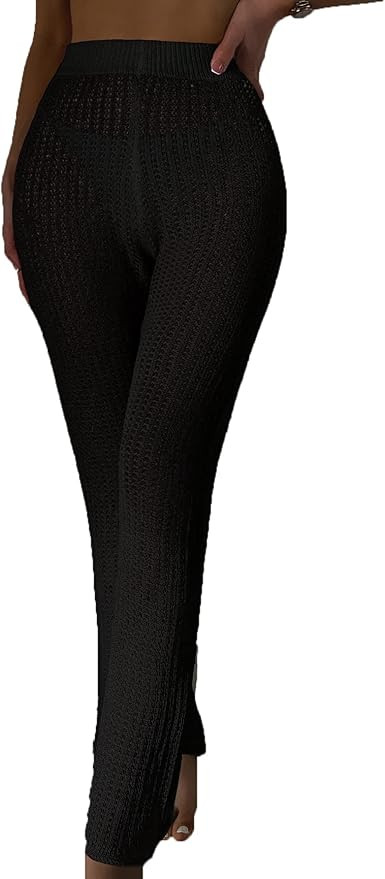 Verdusa Women's High Waist See Through Sheer Knit Pants Beach Swimsuit Bikini Cover Up | Amazon (US)