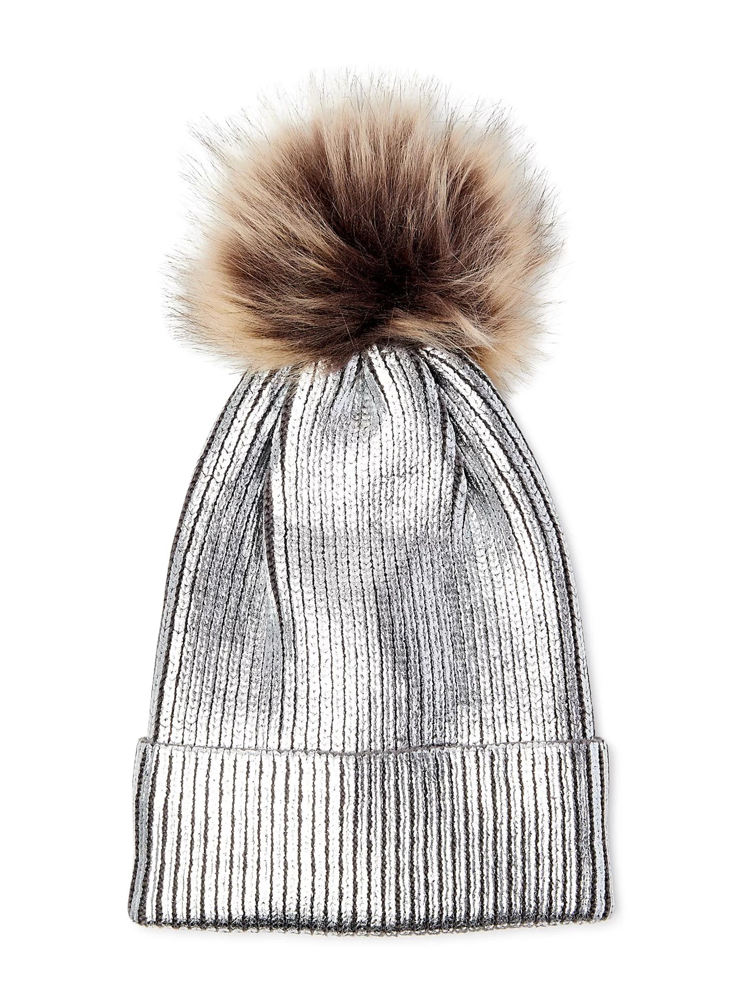 Scoop Women's Metallic Beanie Hat with Faux Fur Pom | Walmart (US)