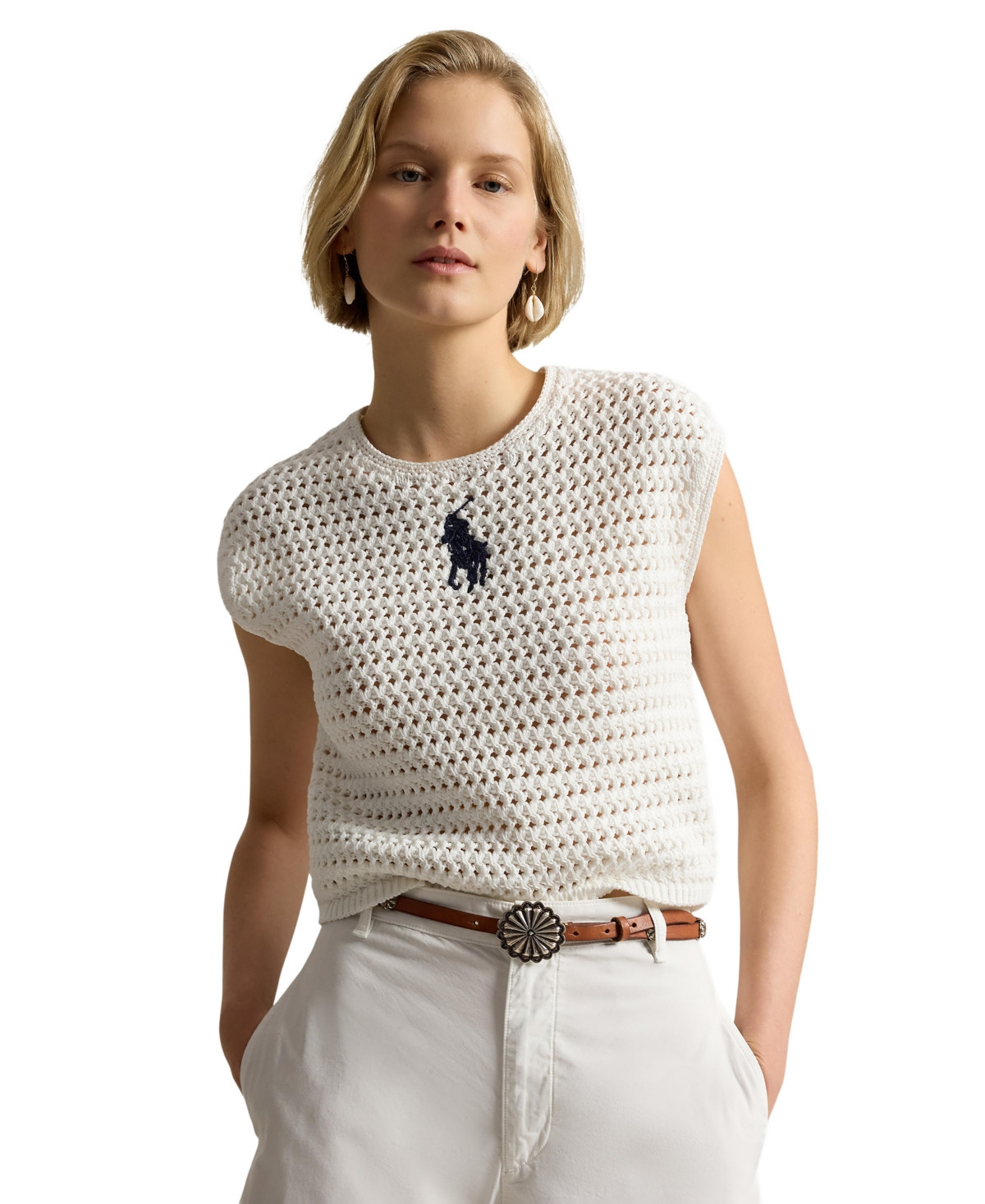 Polo Ralph Lauren Women's Big Pony Crocheted Cotton Sweater - White | Macy's