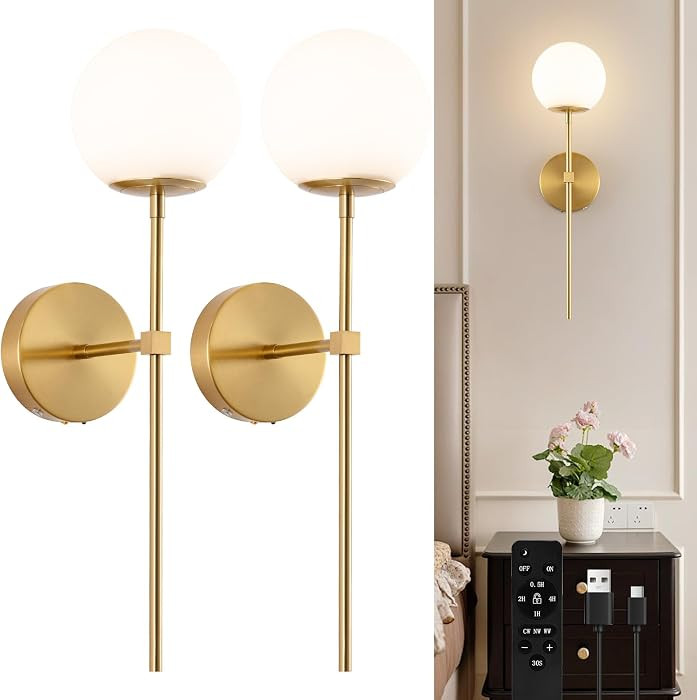 Battery Operated wall Sconce Set of 2 Glass Globe 3000K~6000K Rechargeable Gold Wall Light Fixtur... | Amazon (US)