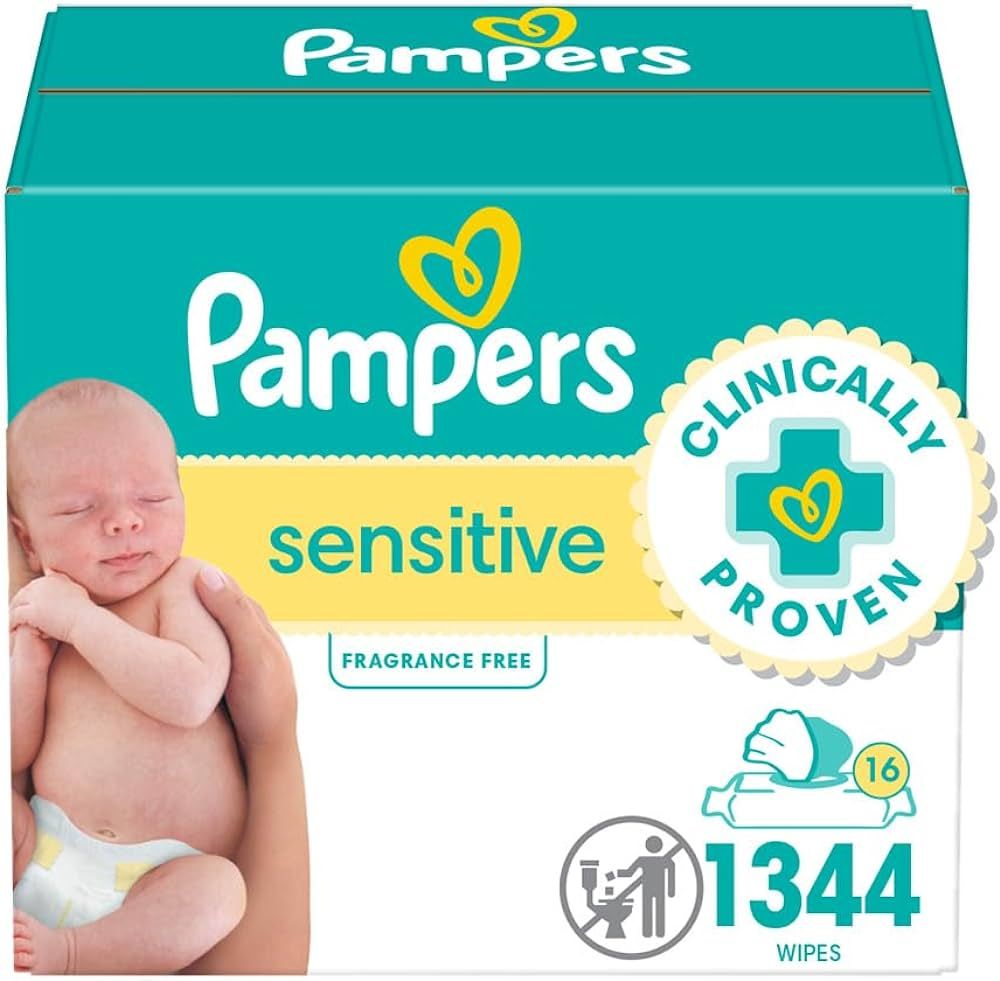 Pampers Sensitive Baby Wipes, Water Based, Hypoallergenic and Unscented, 16 Flip-Top Packs (1344 ... | Amazon (US)