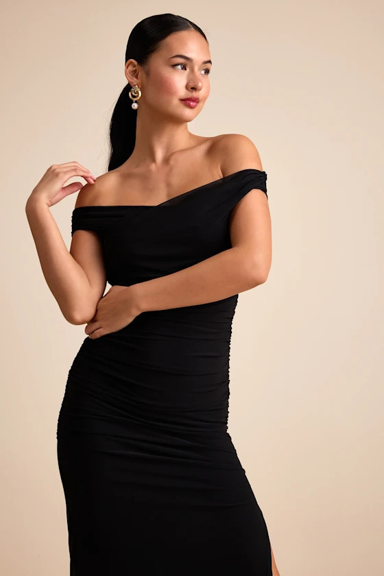 Scotia Black Mesh Ruched Off-the-Shoulder Maxi Dress | Lulus