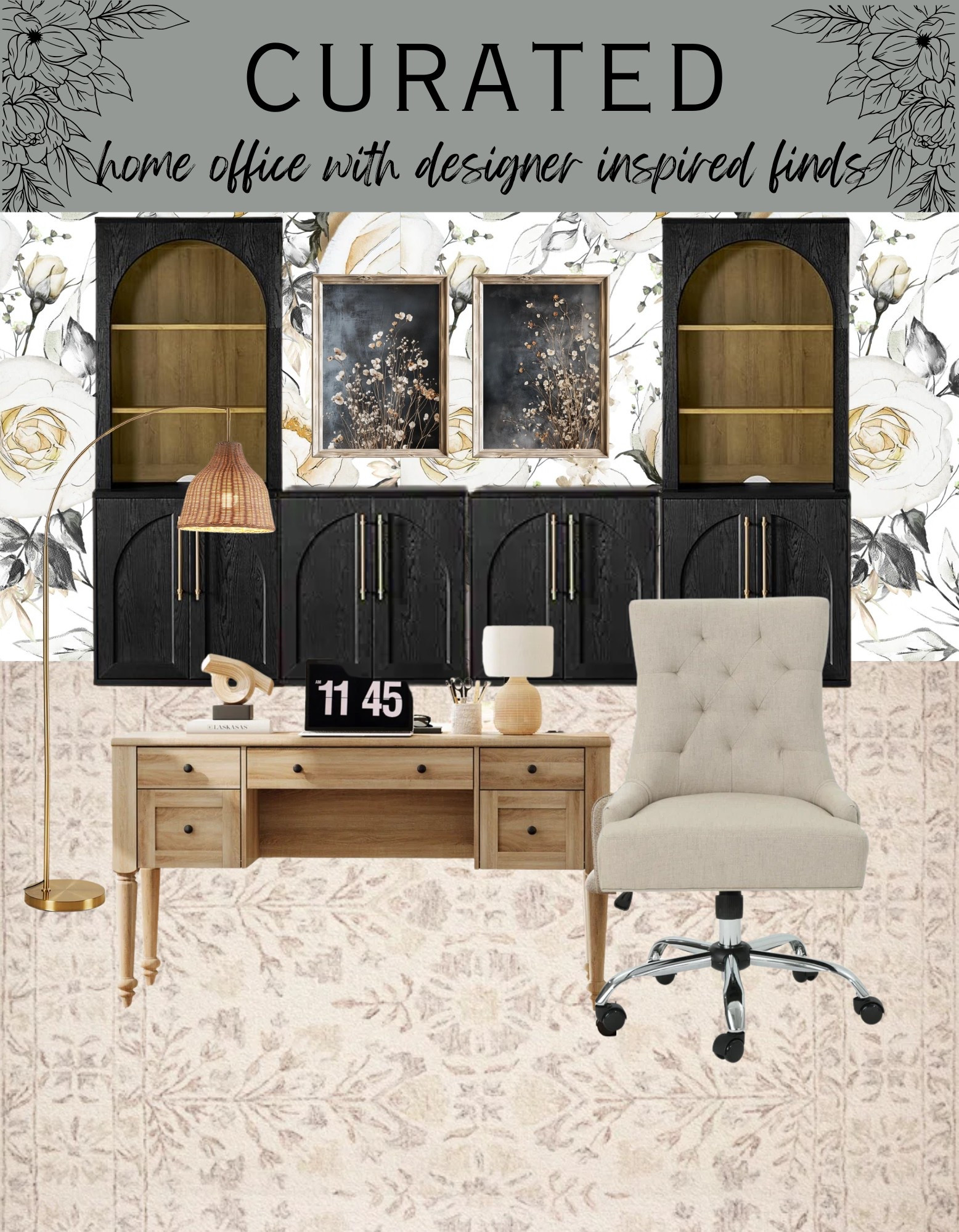 Office refresh with designer inspired finds! Shop by clicking the thumbnail below 👇 cabinet, bookcase, office, home office, office space, office chair, desk chair, designer inspired, designer looks for less, wall art, moody wall art, arched cabinet, arched bookcase, office desk, desk, floor lamp, tufted office chair, wallpaper, rug, neutral area rug, entertainment center, 

#LTKHome #LTKStyleTip #LTKSaleAlert