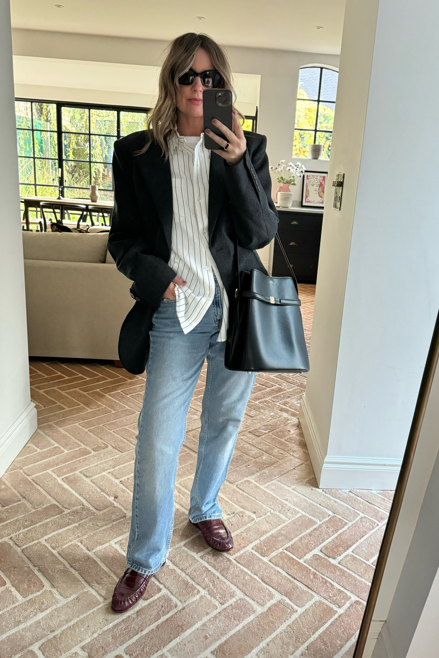 Layering a shirt under a blazer with vintage Levi’s + Saint Laurent Burgundy loafers | Le Loafer | Frankie Shop Grey Blazer | Toteme bucket bag | casual work outfit 

#LTKuk #LTKautumn #LTKstyletip