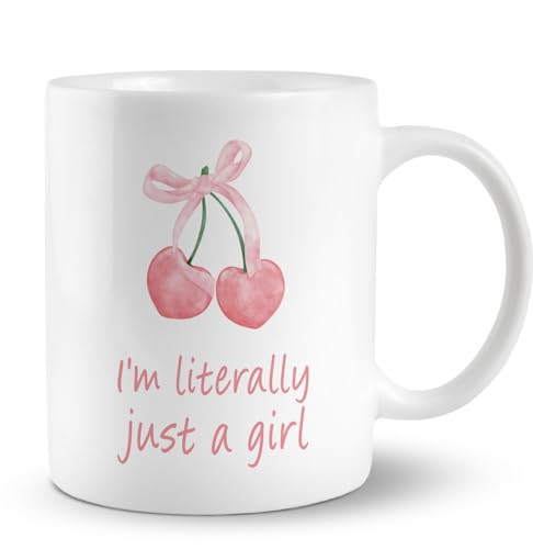 PUHEI Pink Bow Cherry Mug, Coquette Mug, Girly Coffee Mug, Girly Gifts for Women Girls, Coquette Gifts, Preppy Pink Coffee Mug, Preppy Gifts, I'm Literally Just a Girl Ceramic Coffee Mug 11 oz | Amazon (US)