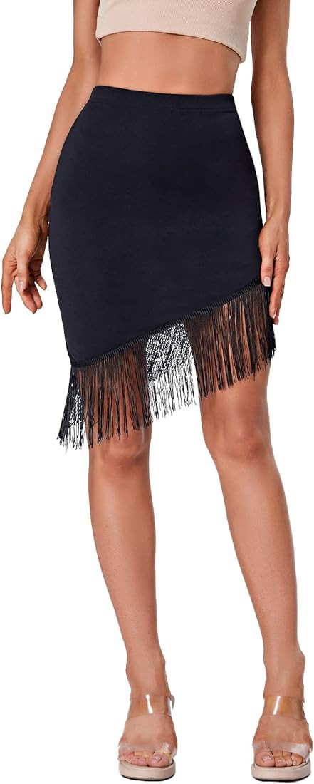 GORGLITTER Women's Fringe Trim Mini Skirts High Waist Asymmetrical Hem Tassel Bodycon Skirt | Amazon (CA)
