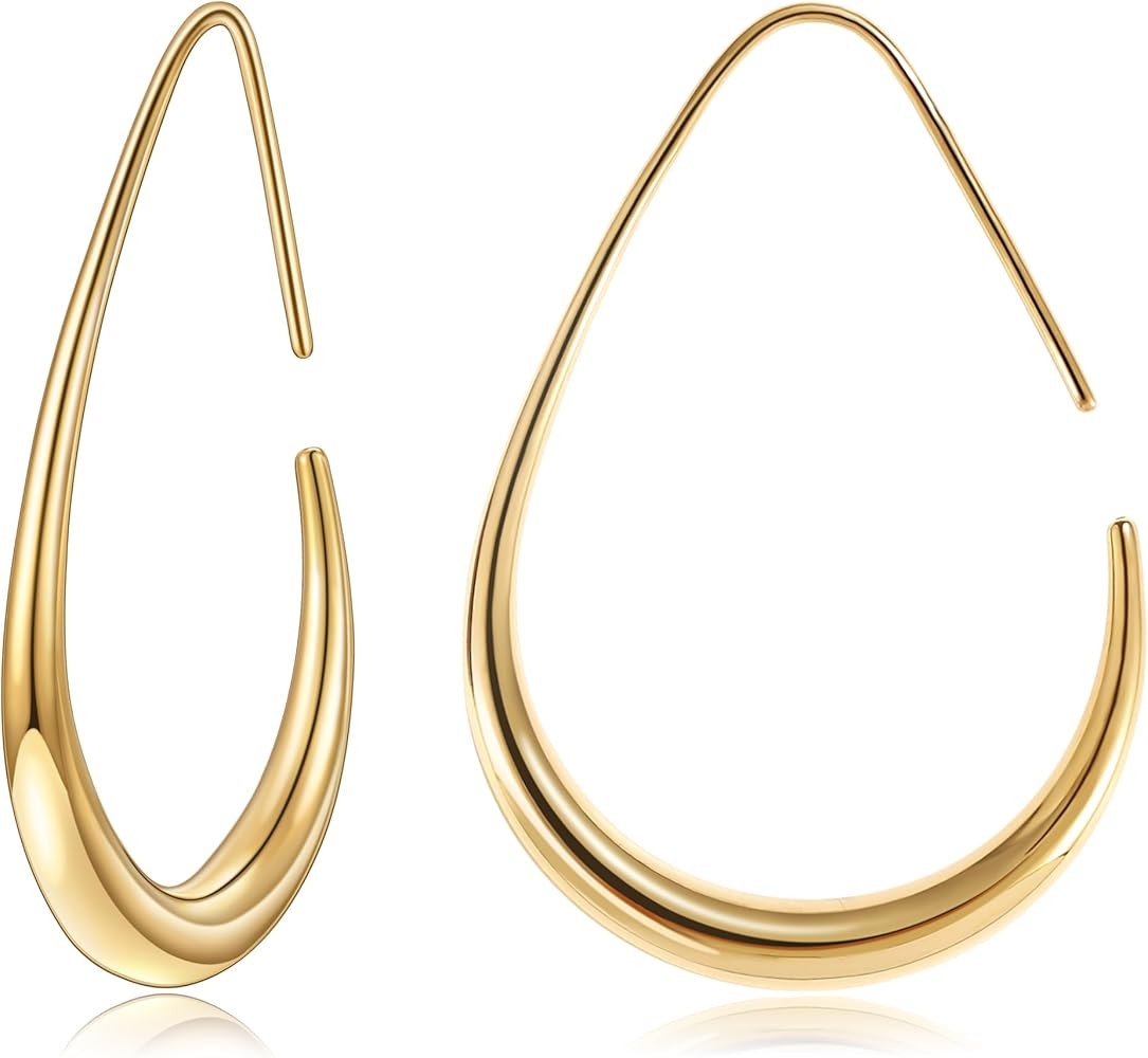 Gacimy Teardrop Hoop Earrings for Women, 14K Gold Plated Oval Pull Through Hoop Earrings for Wome... | Amazon (US)