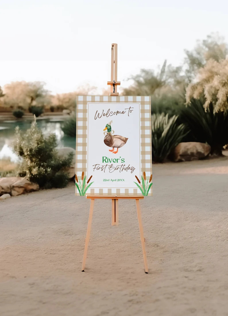 Neutral Gingham One Lucky Duck Birthday Welcome Sign Template, Mallard Duck Hunting Theme, First ... | Etsy (US)
