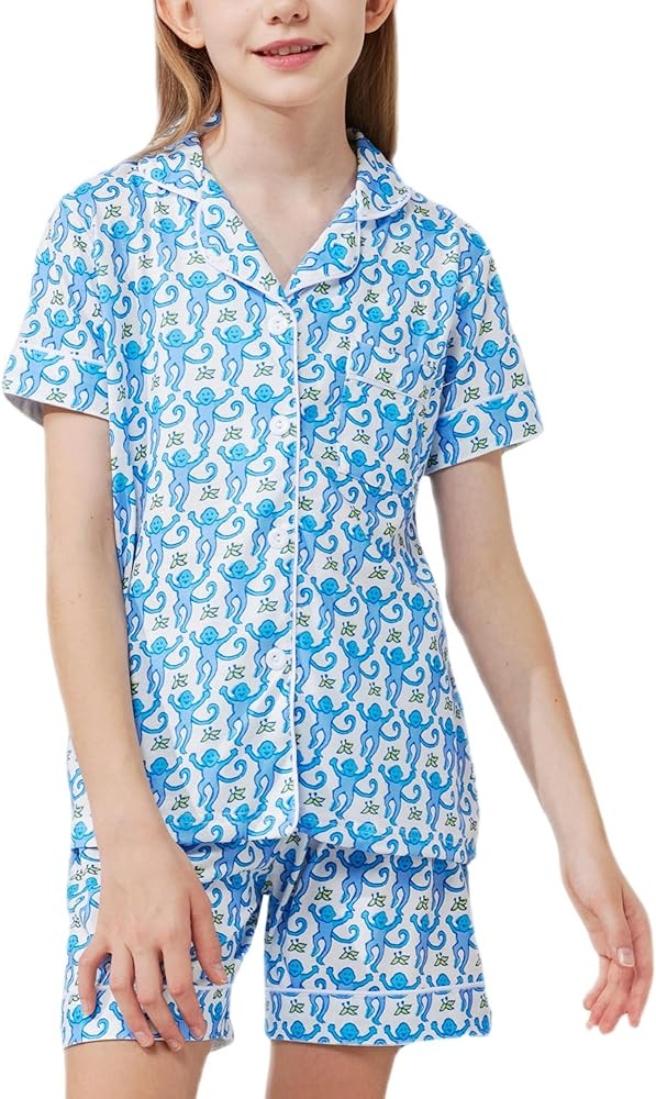 Cute Monkey Pajamas Set for Girls, Kids Summer Button Down Matching Y2k Loungewear PJs Christmas ... | Amazon (US)