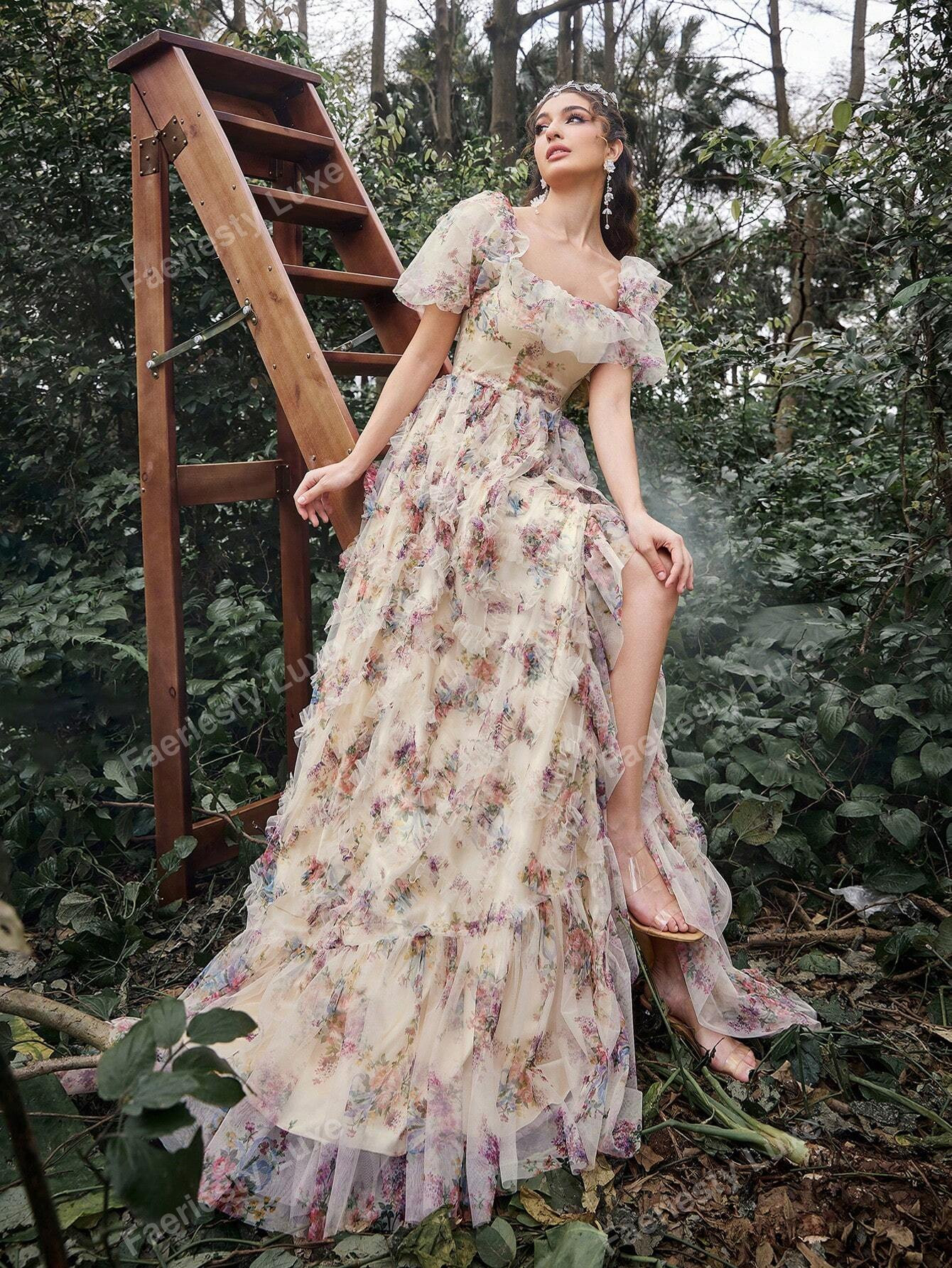 Ruffle Trim Floral Printed Mesh Party Dress Formal Ball Gown For Women | SHEIN