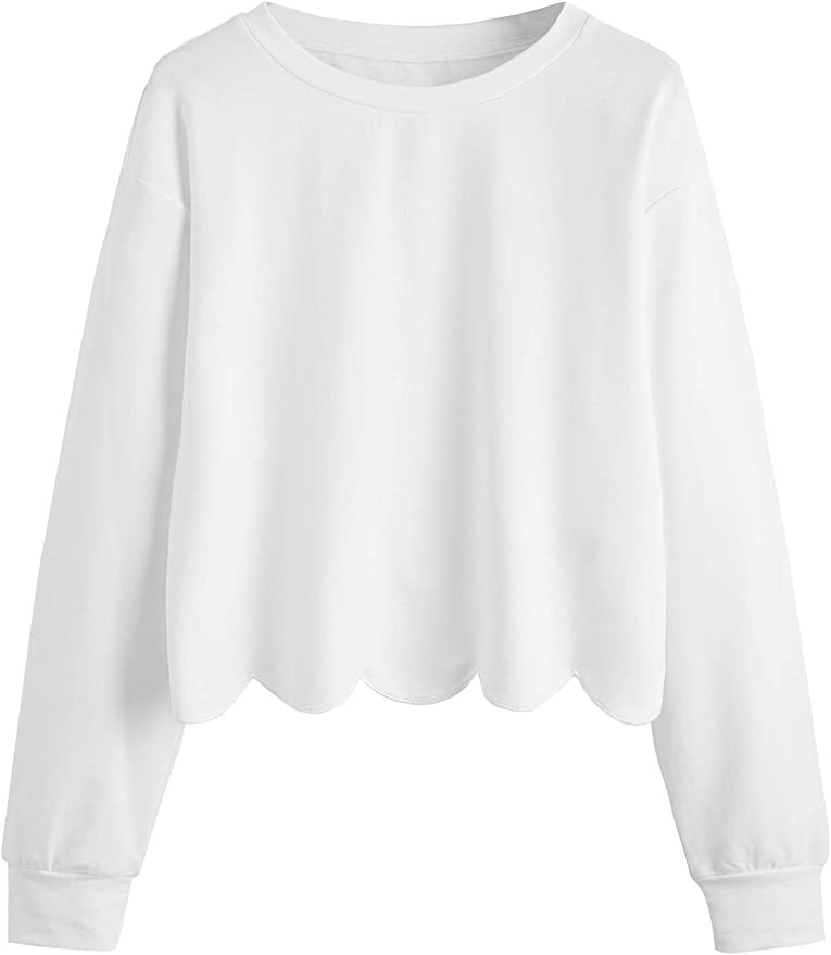 Romwe Women's Casual Long Sleeve Scalloped Hem Crop Tops Sweatshirt | Amazon (US)