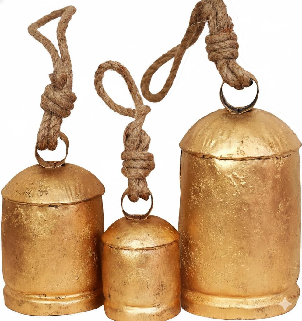 Tibetan Inspired Gold Metal Christmas Bells Set, 3-Piece Decorative Hanging Cow Bells in Gold Brass, Large 8x3.6, Medium 6x3.1, Small 4x2.3 Inches with Jute Rope | Amazon (US)
