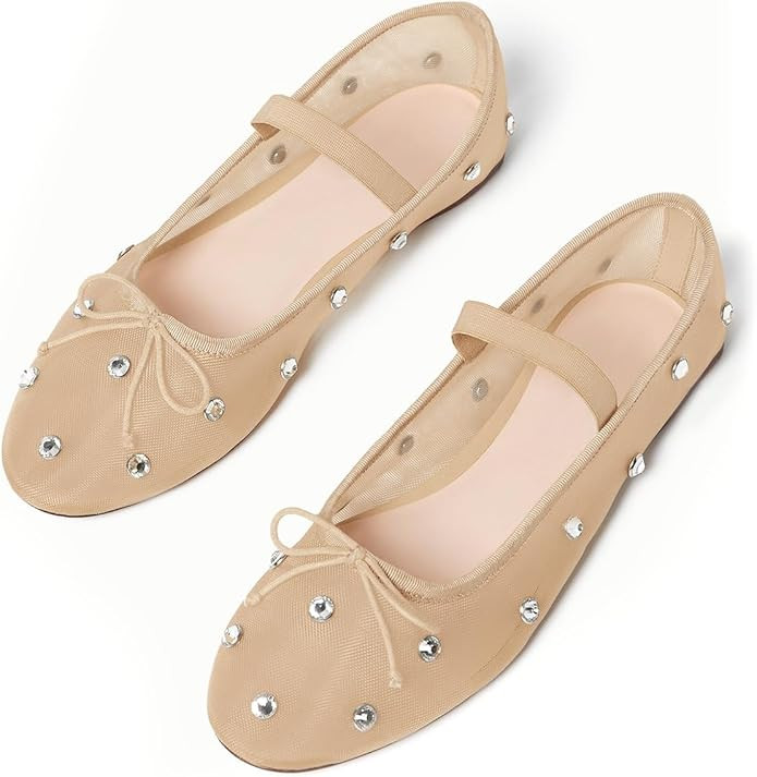 Coutgo Womens Mesh Ballet Flats Crystal Rhinestone Studded Comfortable Mary Jane Dress Shoes | Amazon (US)