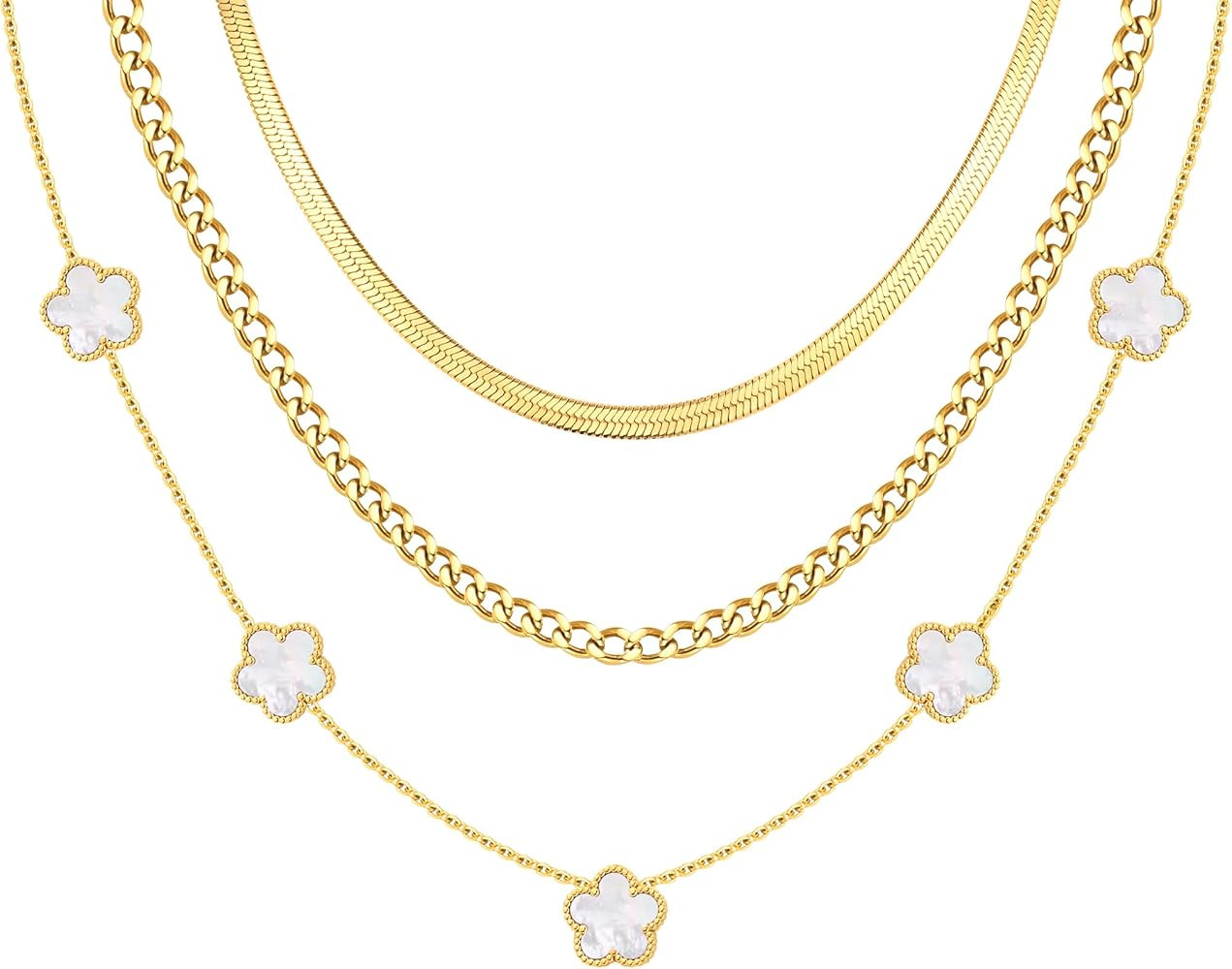 Gold Layered Necklace for Women - 3Pcs 18K Gold Plated Floral Necklaces, Stainless Steel Stackabl... | Amazon (US)