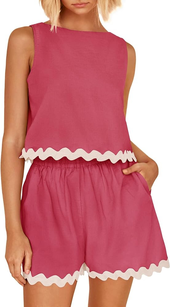 ZESICA Women's 2024 Summer 2 Piece Outfits Set Linen Lace Trim Crewneck Tank Crop Top and Shorts ... | Amazon (US)