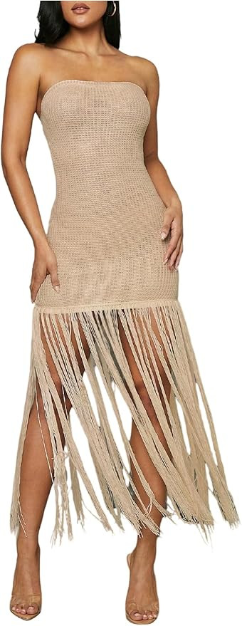 MakeMeChic Women's Crochet Strapless Tube Dress Backless Fringe Bodycon Cocktail Maxi Dresses | Amazon (US)