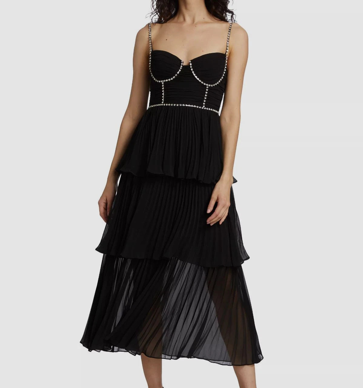 Self-Portrait Black Crystal Embellished Tiered Chiffon Midi A-Line Dress Size 4 | eBay US