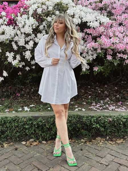 Spring outfit - gathered shirtdress - spring dress - paired with green heels - lace up heels - lace up sandals - amazon fashion - amazon outfits - Love RBI’s crisp white shirtdress paired with bright sandals for a spring outfit!! runs small size up I’m in a large 

#LTKstyletip #LTKunder50 #LTKSeasonal