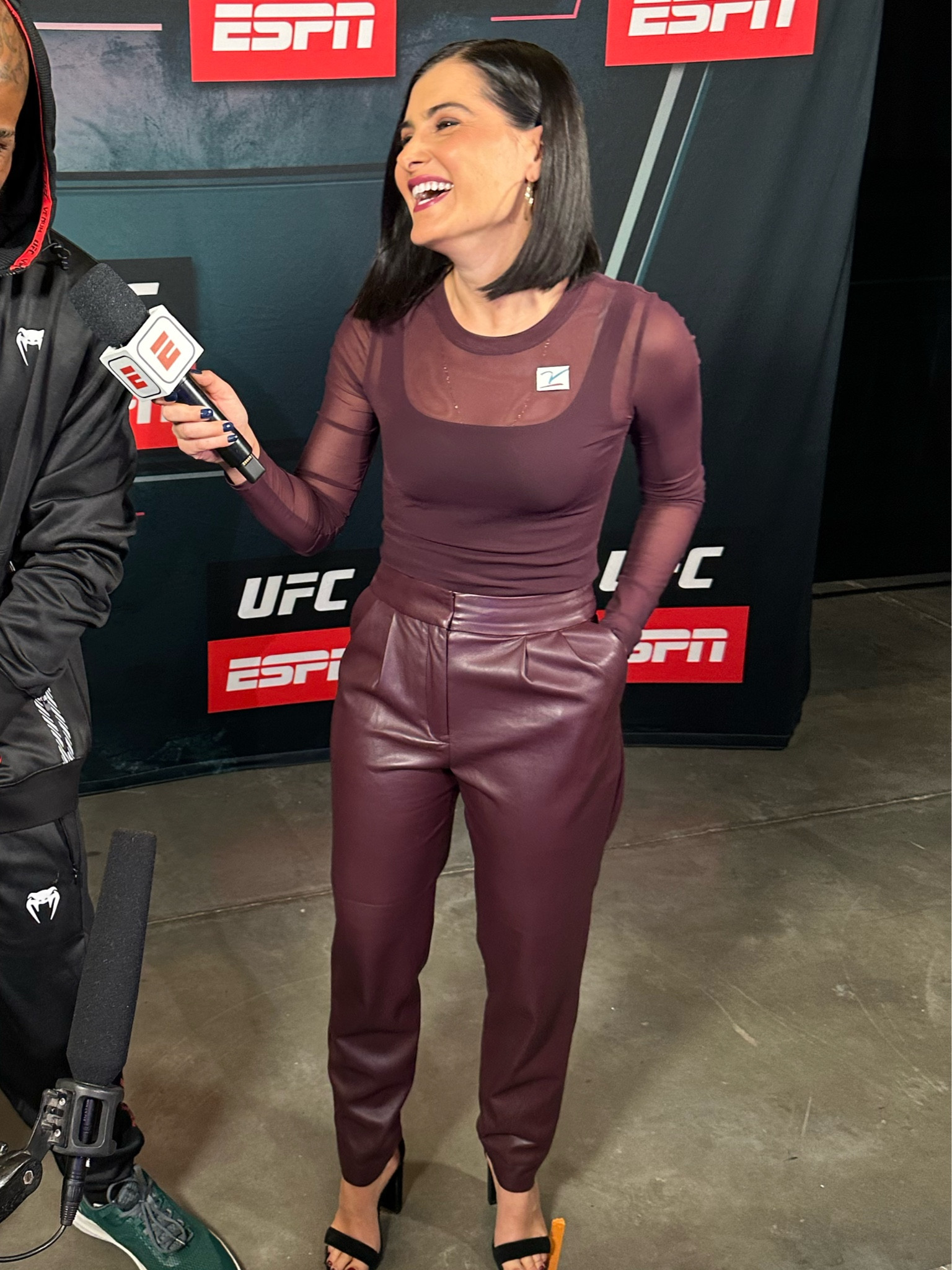 You know I love a monochrome look! This is from express a year or two ago but I found the pants! And the same top but in black (that white square is a pin we are wearing this weekend for cancer awareness) mesh longsleeve and faux leather pants in a shade of plum!

#LTKparties #LTKworkwear #LTKHoliday