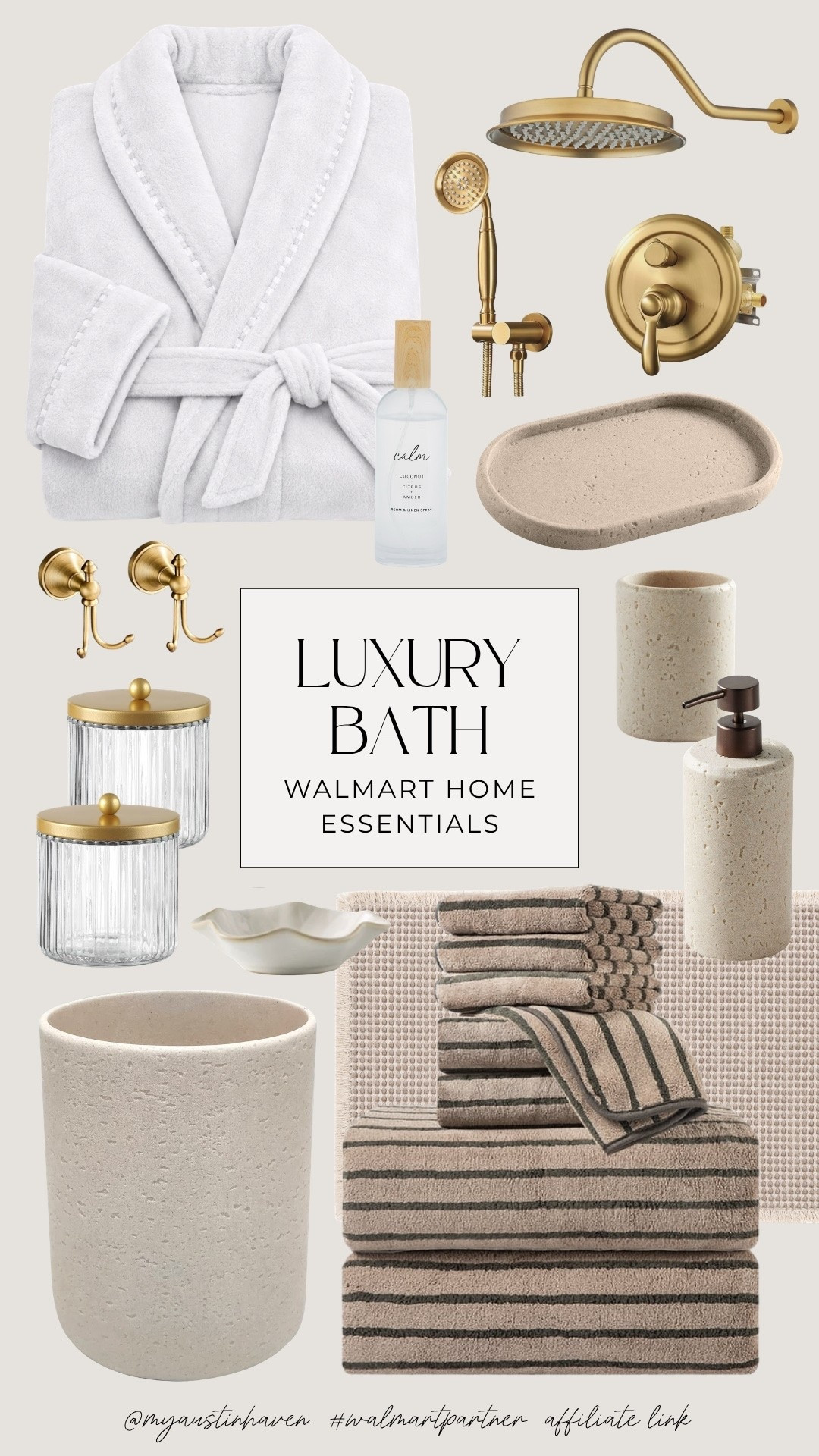 Turn your bathroom into a relaxing retreat with these elevated Walmart finds. 🛁 Soft towels, stone accessories and warm brass details create a polished, spa-like look for less. #walmartpartner

Walmart bathroom finds, luxury bath essentials, spa inspired decor, neutral bathroom, brass shower system, plush robe, striped towels, stone soap dispenser, vanity accessories, bathroom organization, modern organic style, hotel inspired home, affordable decor, elevated everyday essentials