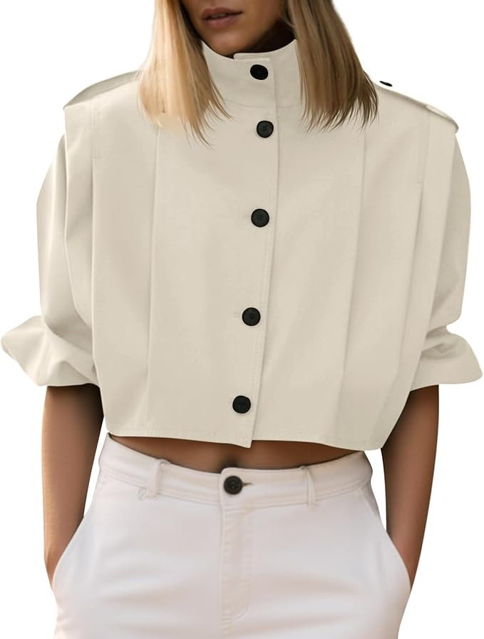 Cicy Bell Womens Cropped Trench Coats Pleated Button Down Short Jackets Fall Casual Lapel Loose F... | Amazon (US)