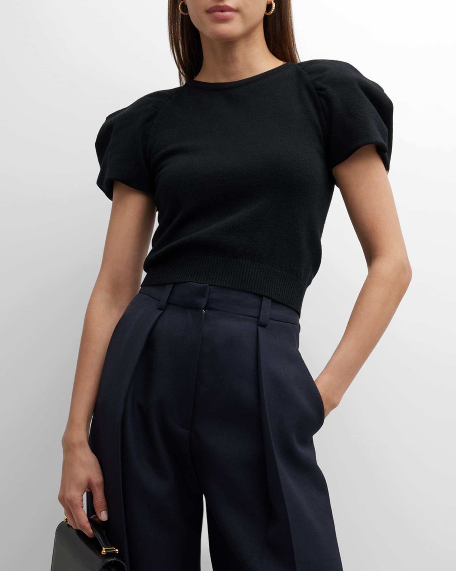 Puff-Sleeve Crystal Tie-Back Crop Sweater | Neiman Marcus