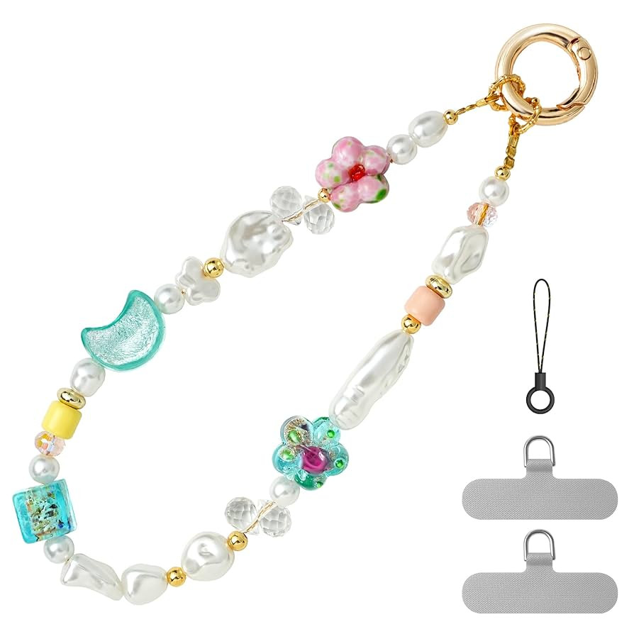 pcgaga Phone Charm Colorful Crystal Pearl Beaded Chain Bracelet, Detachable Anti-Drop Wrist Strap... | Amazon (US)