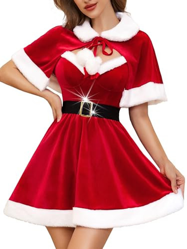 RSLOVE Sexy Christmas Outfits for Women - Mrs Santa Claus Costume with Cape and Belt 3Pcs Xmas Velvet Santa Babydoll M | Amazon (US)