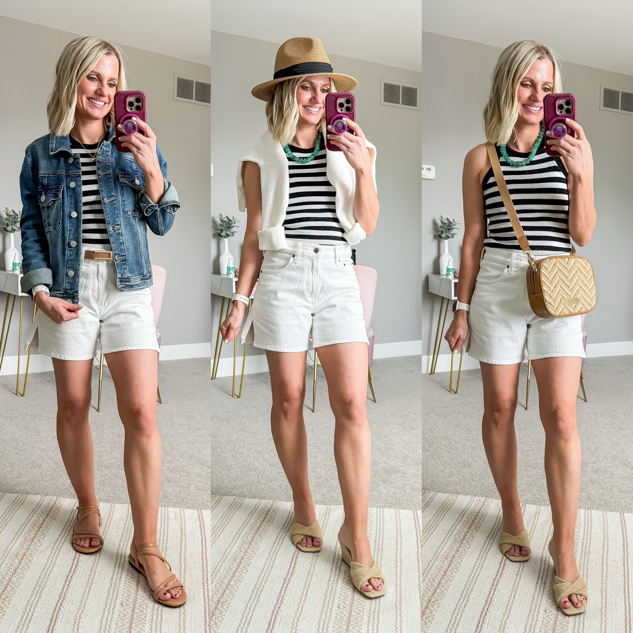 Summer capsule wardrobe for moms- three outfits with white denim shorts.

#LTKOver40 #LTKSeasonal #LTKTravel