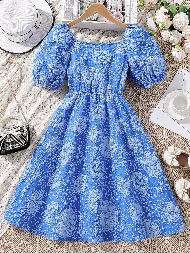 Teen Girls Floral Jacquard Square Neck Puff Sleeve Dress | SHEIN