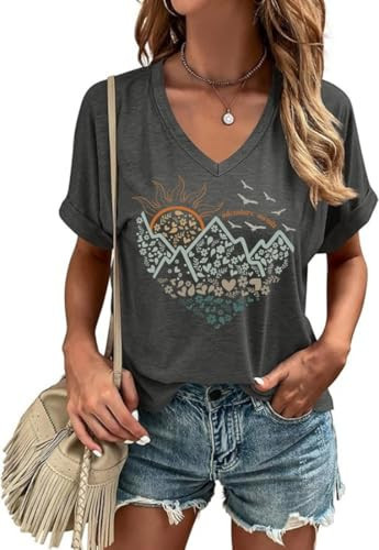 Nature Camping Mountain Shirt for Women Hiking Lovers Tshirt Mountain Wildflower Graphic Tee Tops Summer Adventure V Neck Blouses(L,Dark Grey-K) | Amazon (US)