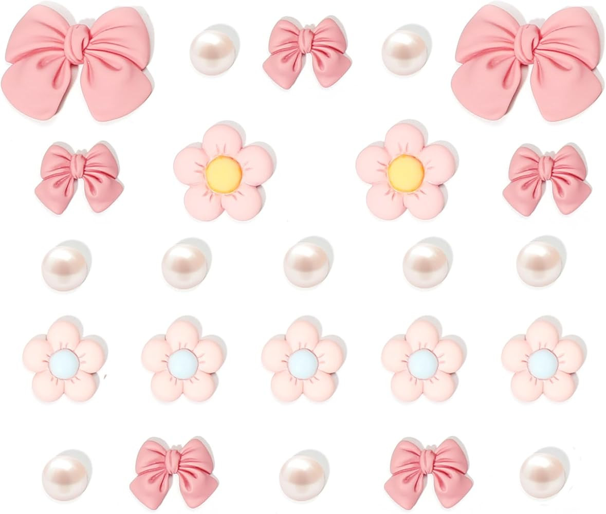 Resin Pink Bow Shoe Charms for Girls, 24Pcs Cute Flower Accessories for Clog Sandals, Pearl Decor... | Amazon (US)