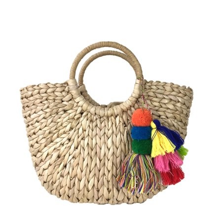 Blue Island Nixie Straw Market Tote w Colorful Pom Pom Tassels, Natural | Walmart (US)