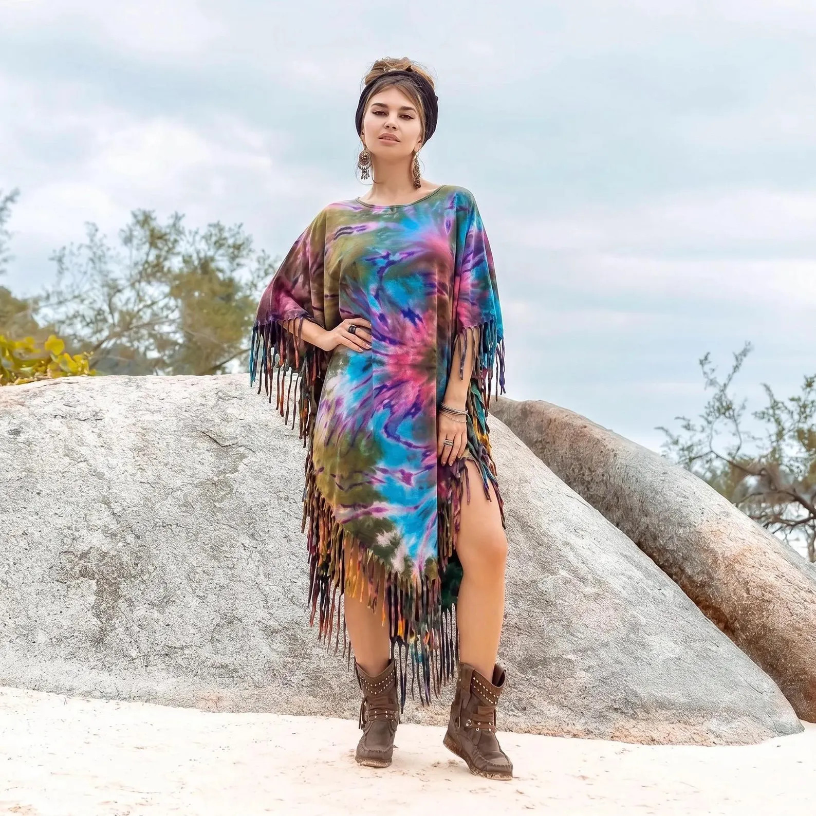 Plus Size Boho Fringe Poncho – Handmade Tie Dye Cotton Kaftan | Lagoon Nebula Arlo | Etsy (Global)