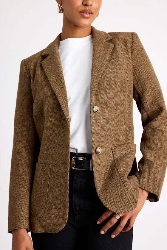 Avielle Brown Wool Tweed Collared Blazer | Lulus