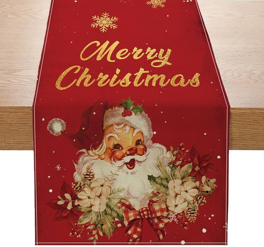 Christmas Table Runner Christmas Decorations - Red and Gold Vintage Santa Claus Merry Christmas S... | Amazon (US)
