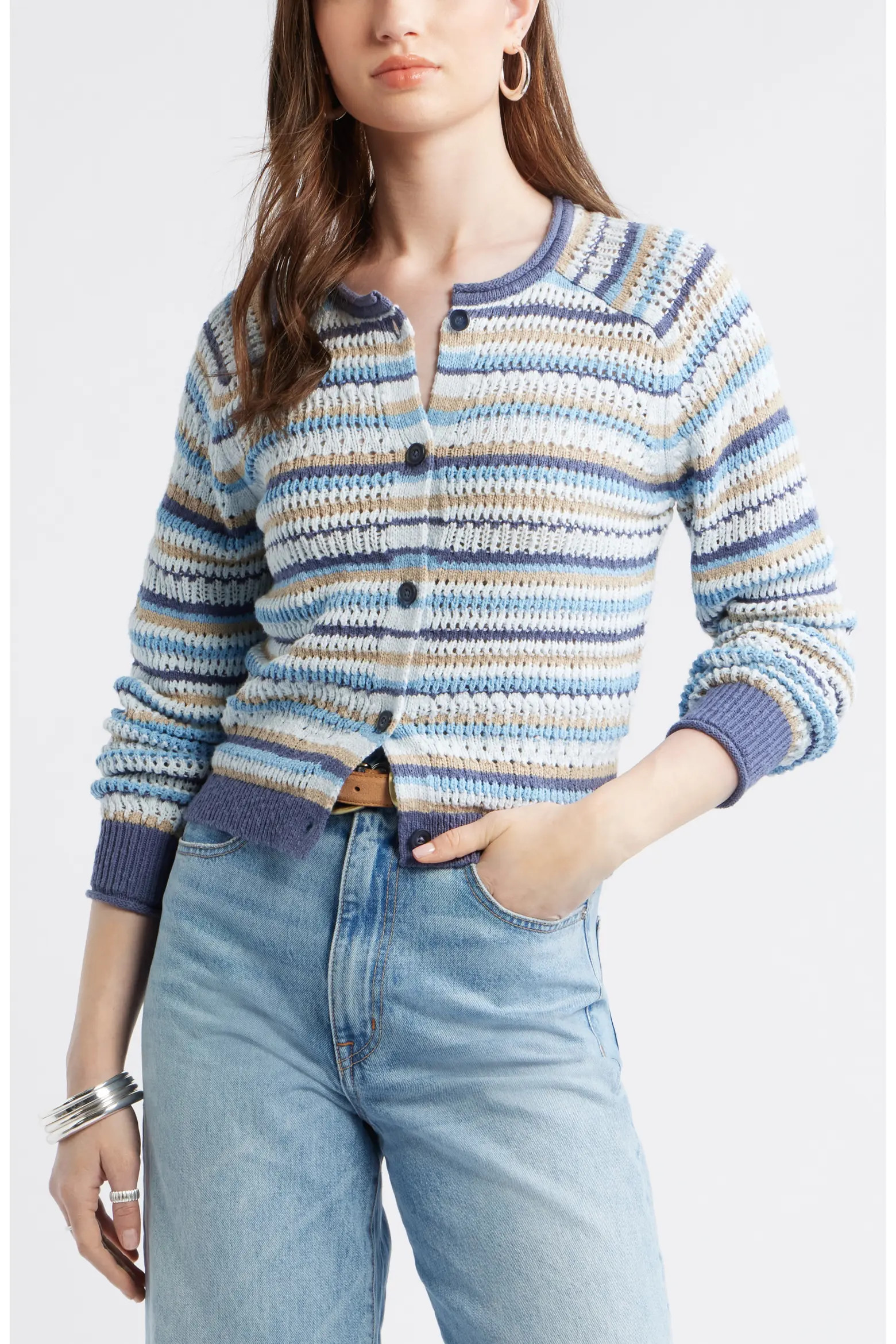 Stripe Pointelle Knit Button Front Cotton Cardigan (Women) | Nordstrom | Nordstrom