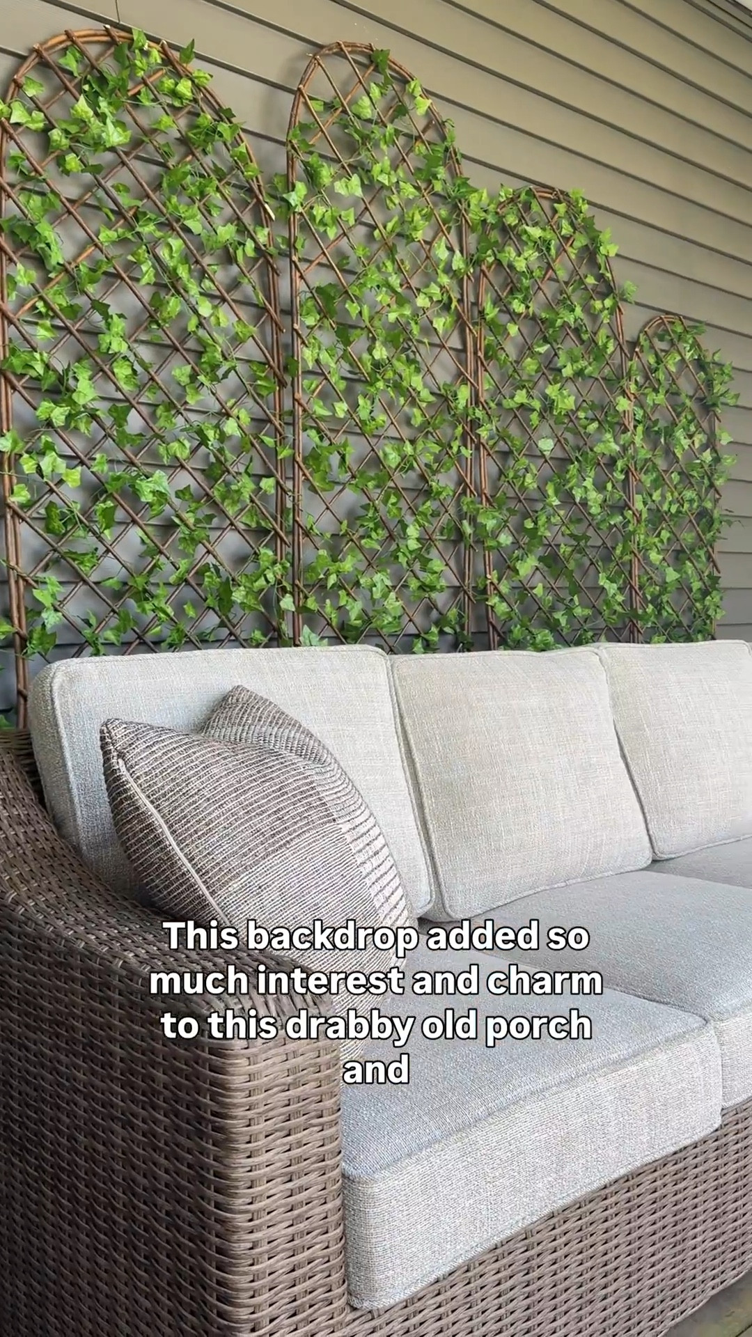 I am so in love with this easy DIY front porch backdrop idea I had. 
This project cost me less than $200 and only took me under an hour and a half to complete!
For reference, I ordered 3 larger trellises and 2 of the smaller ones, both are linked below. And I ordered 2 bundles of faux Ivy (24 vines total).
Eventually I would love to add a neutral outdoor rug and maybe a nice side table to bring it all together, I’ve linked a few items I’ve had my eyes on below!

#LTKSeasonal #LTKHome