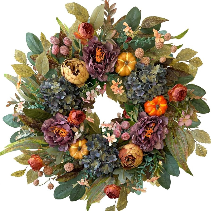WANNA-CUL 24in Fall Front Door Wreath,Hydrangea Peony Pumpkin Harvest Decor | Amazon (US)