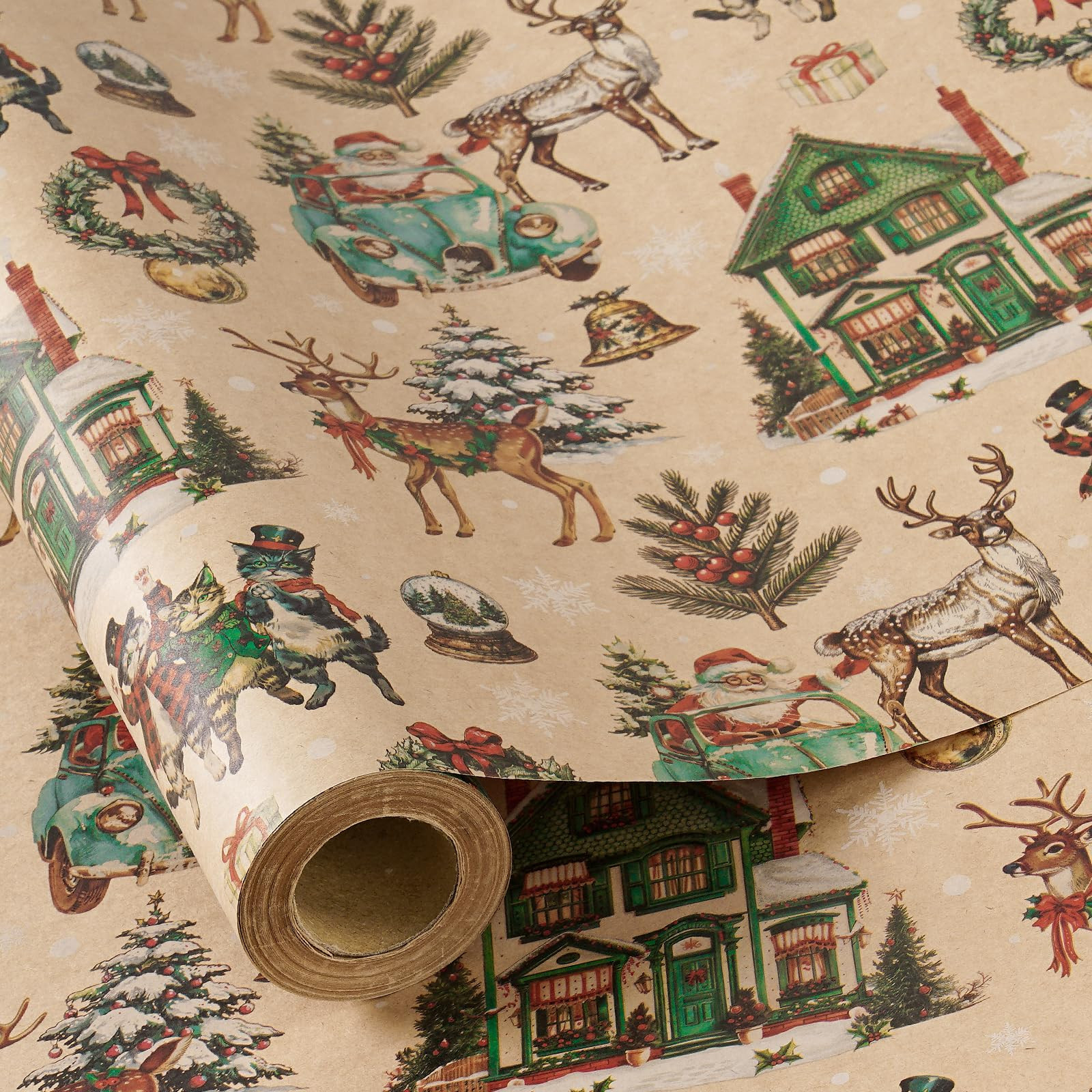 RUSPEPA Christmas Wrapping Paper Roll for Boys Girls, Mini Roll, Vintage Christmas Scene Design w... | Amazon (UK)