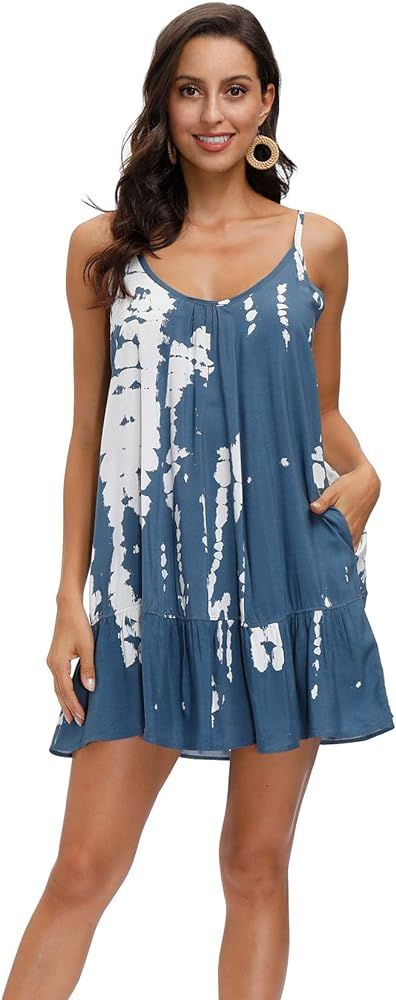 COLOWANA Women's Spaghetti Strap Mini Dress V Neck Boho Floral Printed Casual Summer Beach Short Sun | Amazon (US)