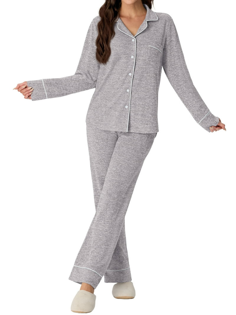 MINTREUS Women's Pajama Sets Knit Long Sleeve Button Down Pjs Soft Sleepwear Lounge Sets with Poc... | Walmart (US)