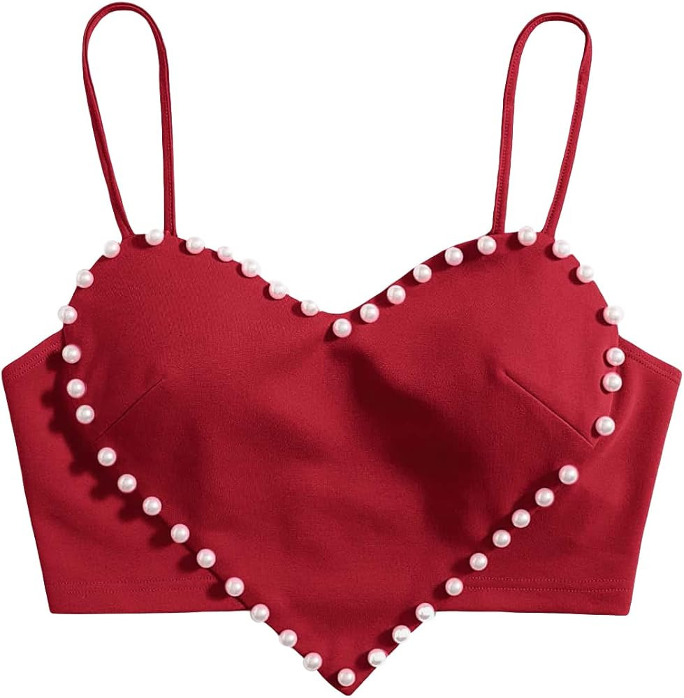 OYOANGLE Women's Pearls Trim Asymmetrical Hem Cami Crop Top Sleeveless Backless Spaghetti Strap C... | Amazon (US)