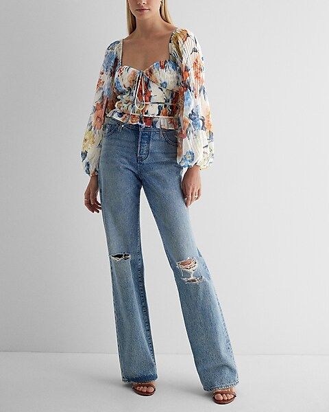 Floral Pleated Tie Long Sleeve Top | Express
