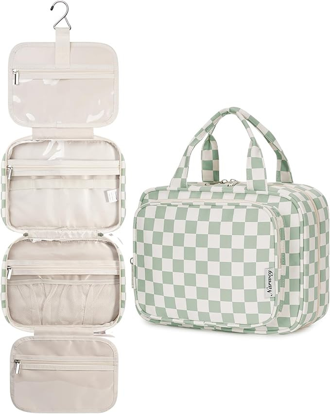 Narwey Large Checkered Hanging Travel Toiletry Bag for Women Wash Bag Cosmetics Makeup Bag Organi... | Amazon (UK)