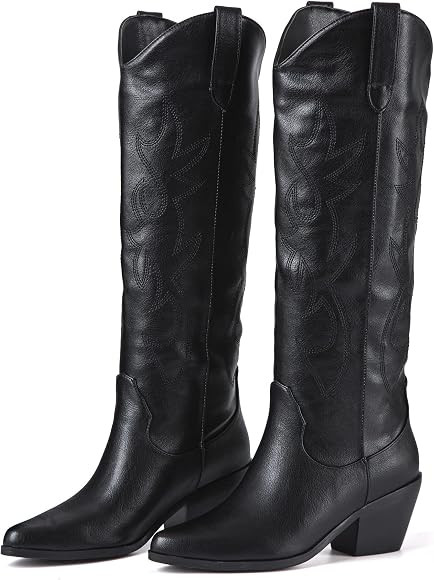 Ojiaoer Women's Embroidered Western Cowboy Boots, Fashionable Pull-On Almond Shaped Pointed Toe Knee | Amazon (US)