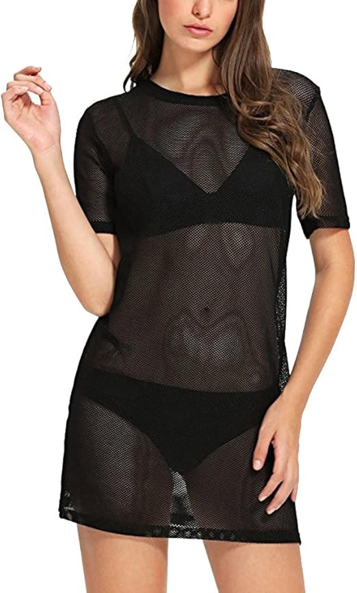 WuLun® Women's Sexy Beach Cover Ups Short Sleeve See Through Gauze Sheer Mesh T-Shirt Dress | Amazon (US)