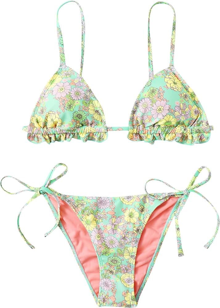 SOLY HUX Women's Floral Print Halter Triangle Tie Side Bikini Set Two Piece Swimsuits | Amazon (US)