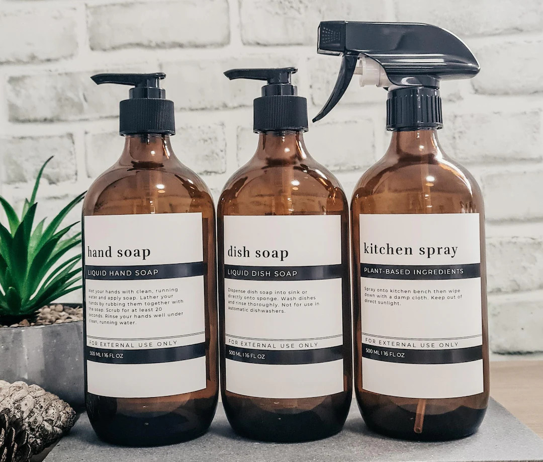 Amber Glass Soap dispenser w  Modern Minimalist Waterproof labels //500ml// Refillable//Bathroom ... | Etsy (Global)